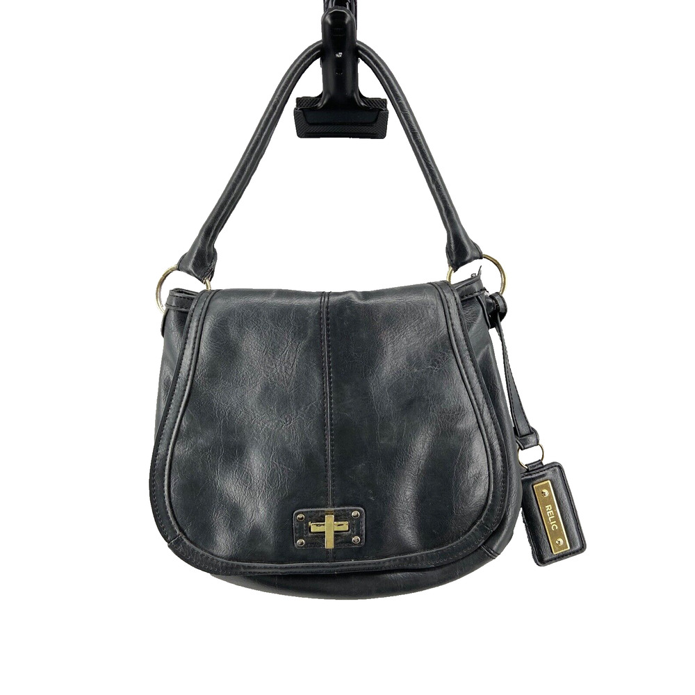 Relic Purse Top‎ Handle Handbag Black Faux Leather Fold Over Flap Vintage